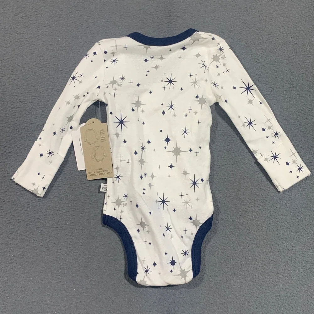 Honest Baby Organic Cotton Kimono Long Sleeve Bodysuit 0-3M‎ White Navy Stars